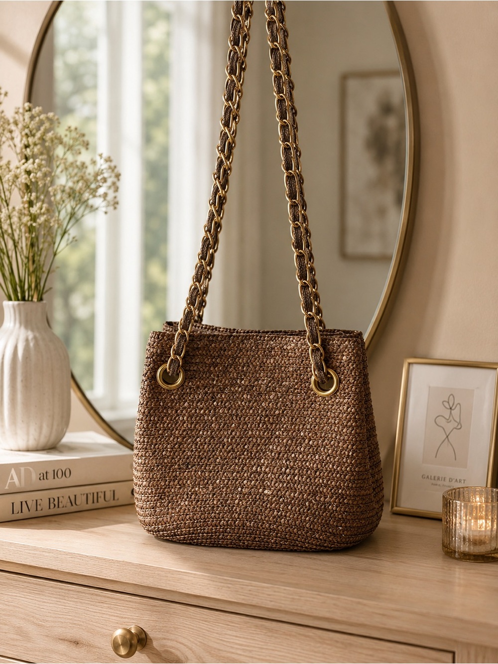 Woven Straw Tote Bag with Chain Strap - Brown